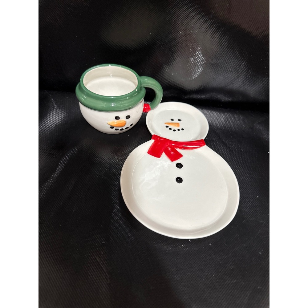 Department 56 Snowman Mug and Snack Plate Set Ceramic Holiday Winter White Green